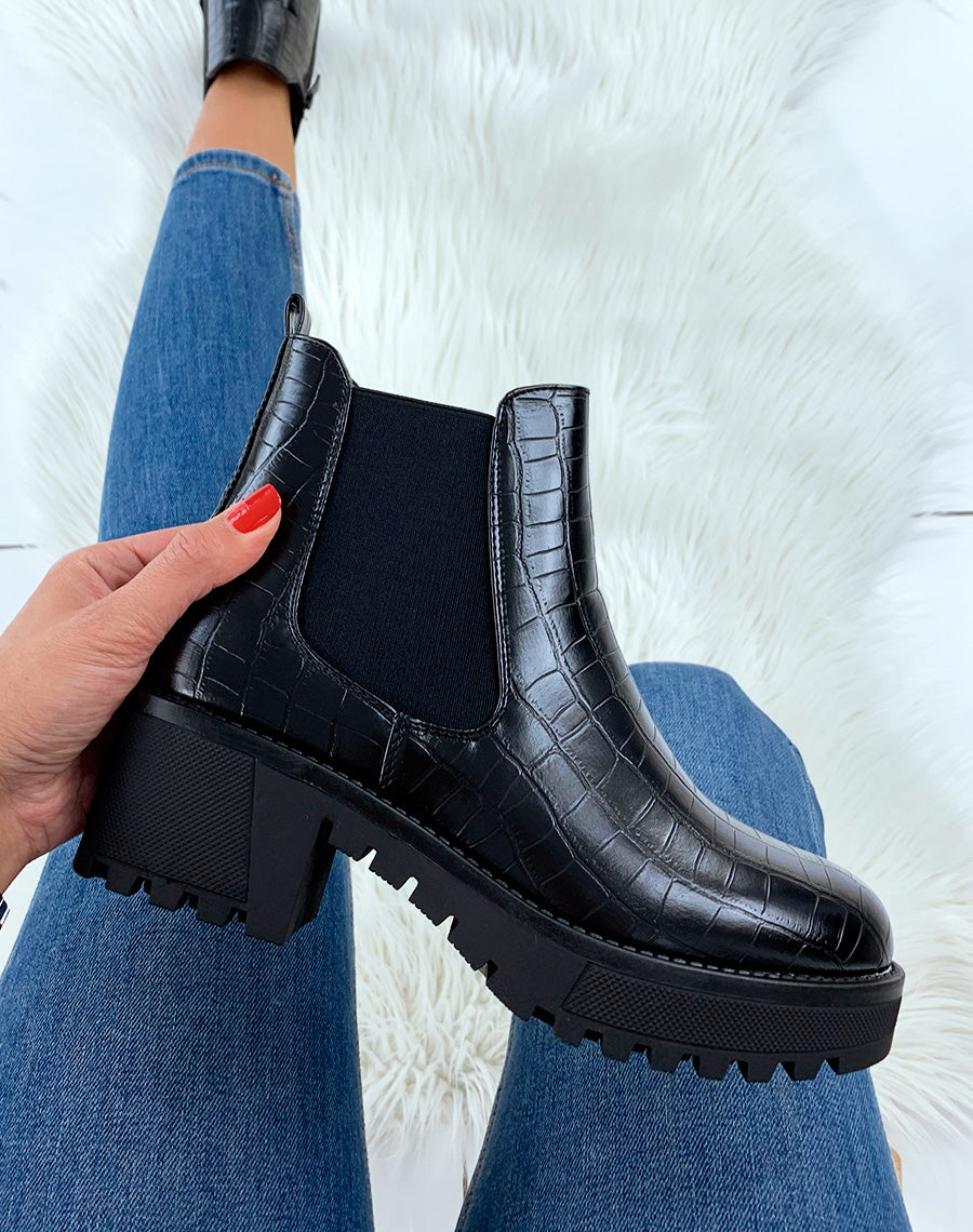 Bottines basses noires à talon mi-haut effet croco