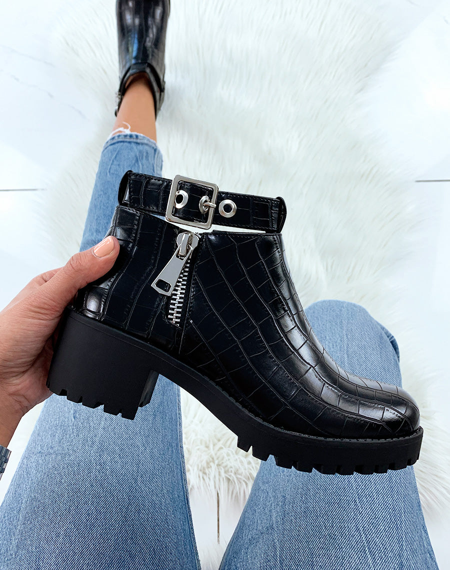 Bottines basses ouvertes noires effet croco