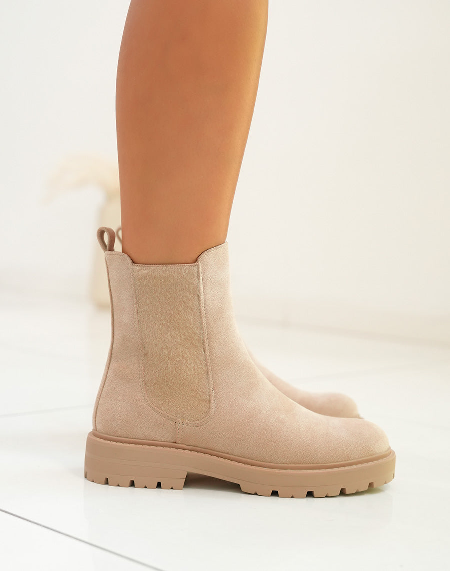 Bottines Beige en Suédine Style Chelsea avec Élastique Doux pour Femme