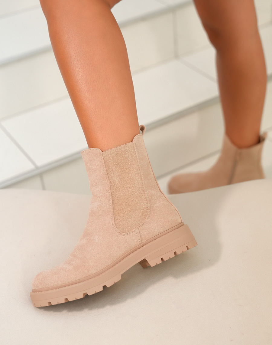 Bottines Beige en Suédine Style Chelsea avec Élastique Doux pour Femme