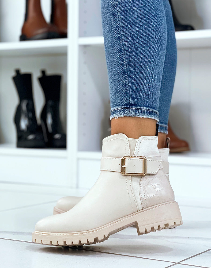Bottines beiges avec élastique échancré et effet croco 
