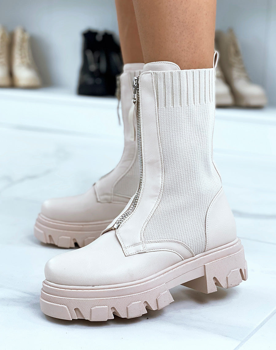 Bottines beiges bi-matière effet chaussette zipées
