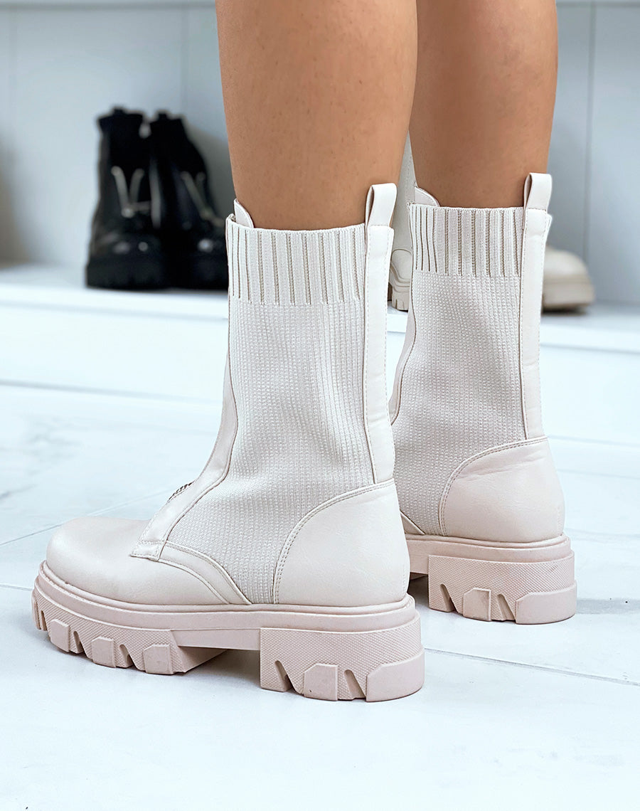 Bottines beiges bi-matière effet chaussette zipées