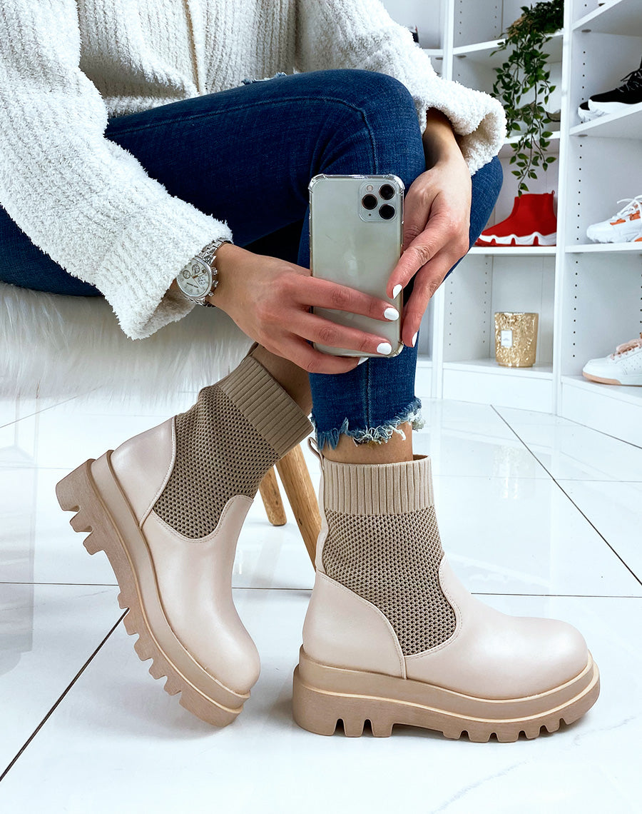 Bottines beiges bi-matières chaussette
