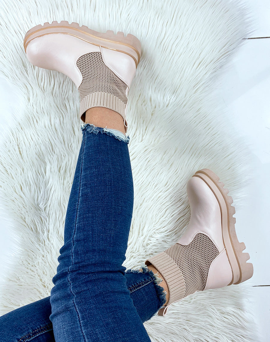 Bottines beiges bi-matières chaussette