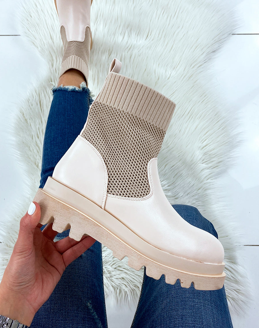Bottines beiges bi-matières chaussette