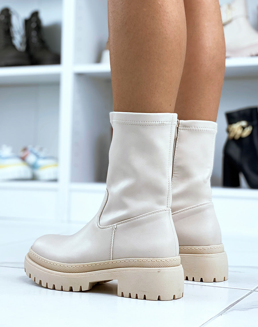 Bottines beiges effet chaussette en similicuir