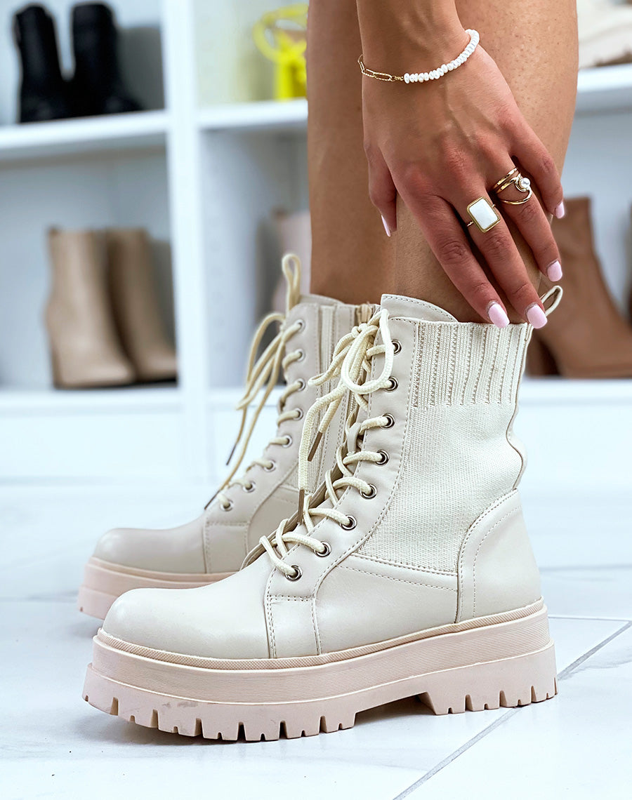 Bottines beiges montantes bi-matières