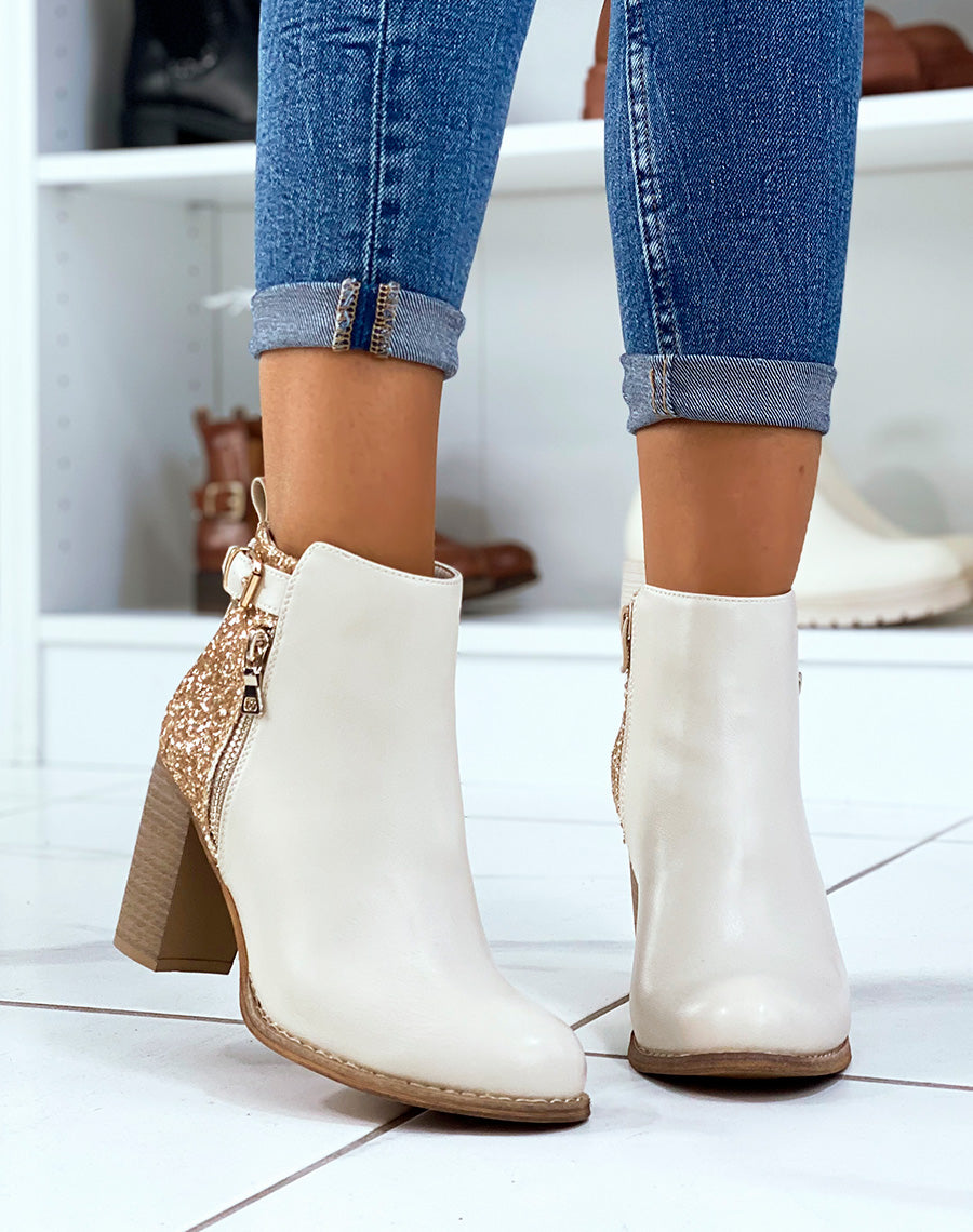 Bottines beiges à talons pailletées avec sangle