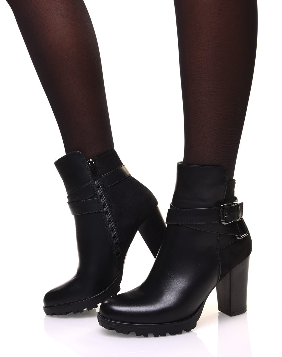 Bottines bi-matière noire à talon haut