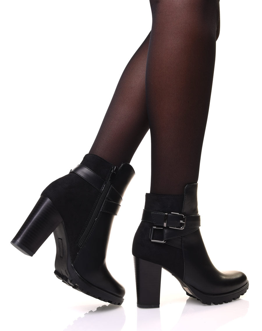 Bottines bi-matière noire à talon haut