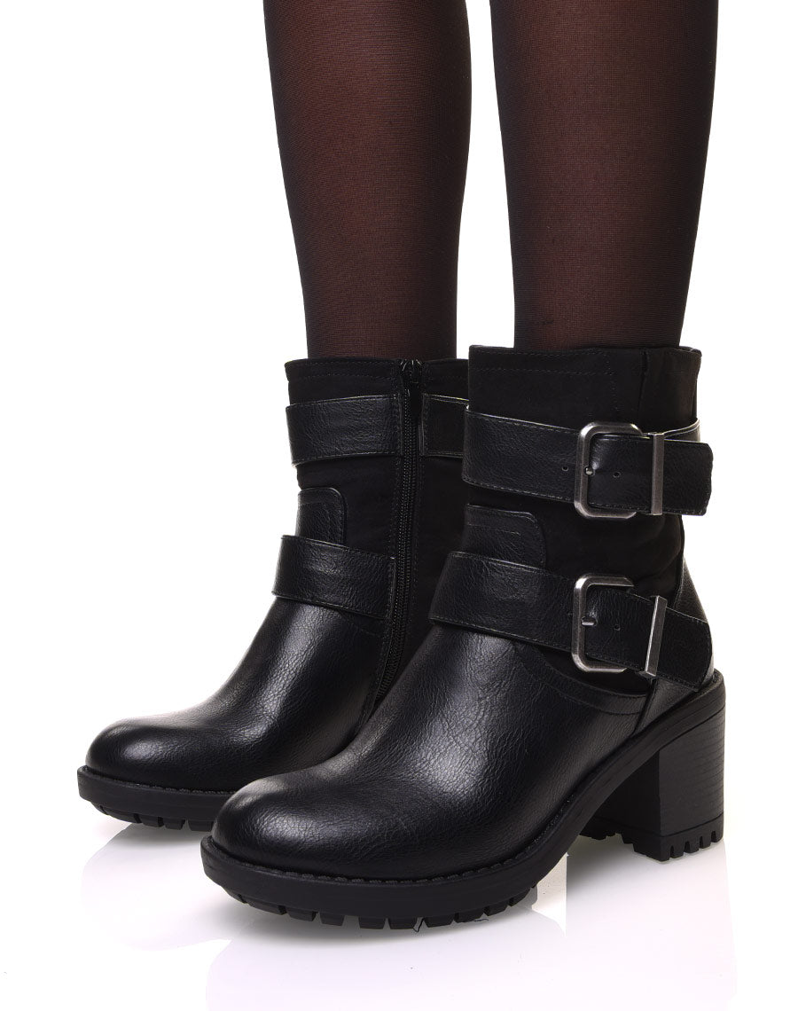 Bottines bi-matière à sangles noires à talon