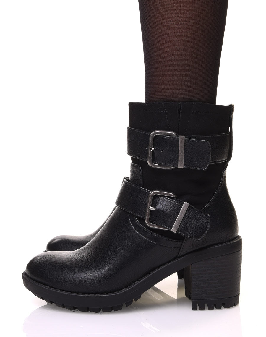 Bottines bi-matière à sangles noires à talon