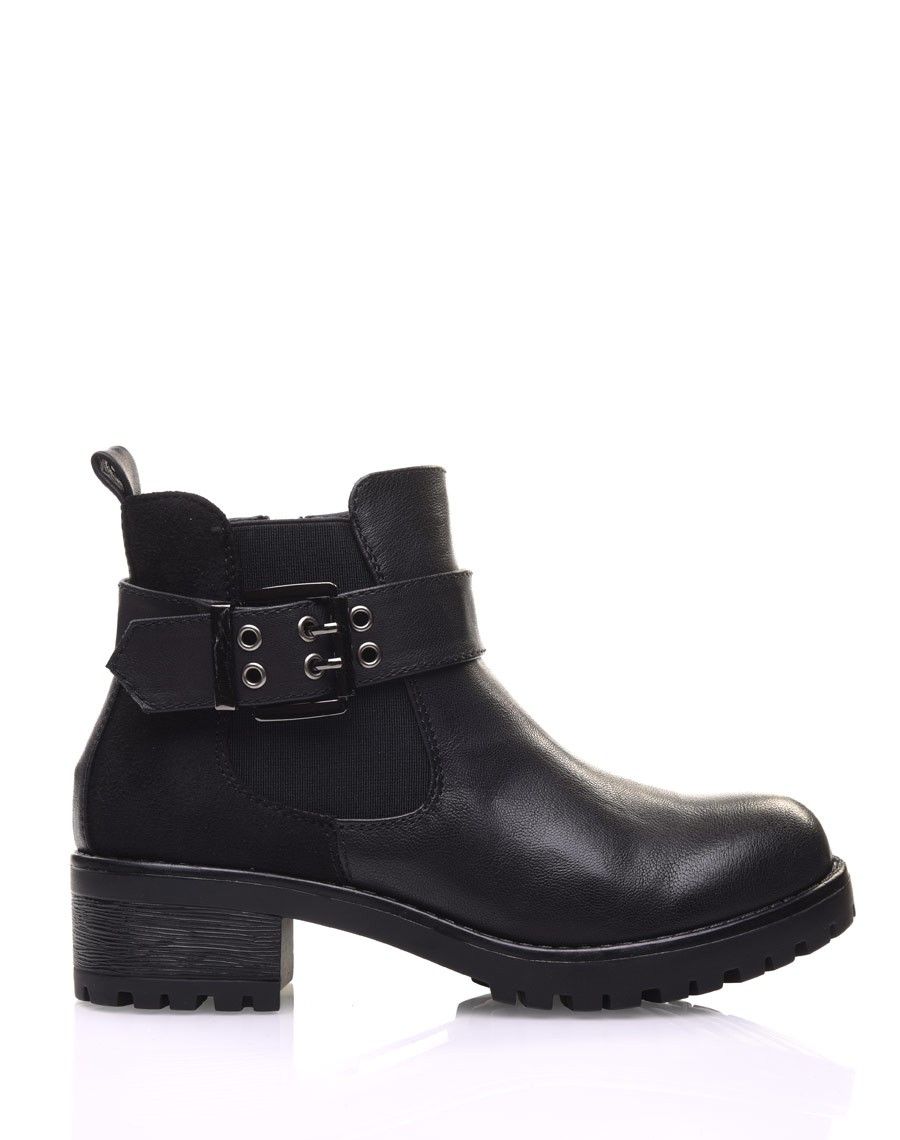 Bottines bi-matières noires à semelle crantée