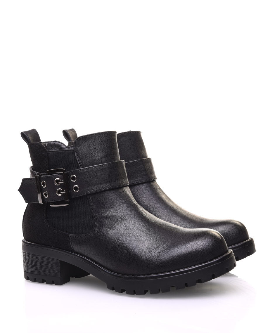 Bottines bi-matières noires à semelle crantée