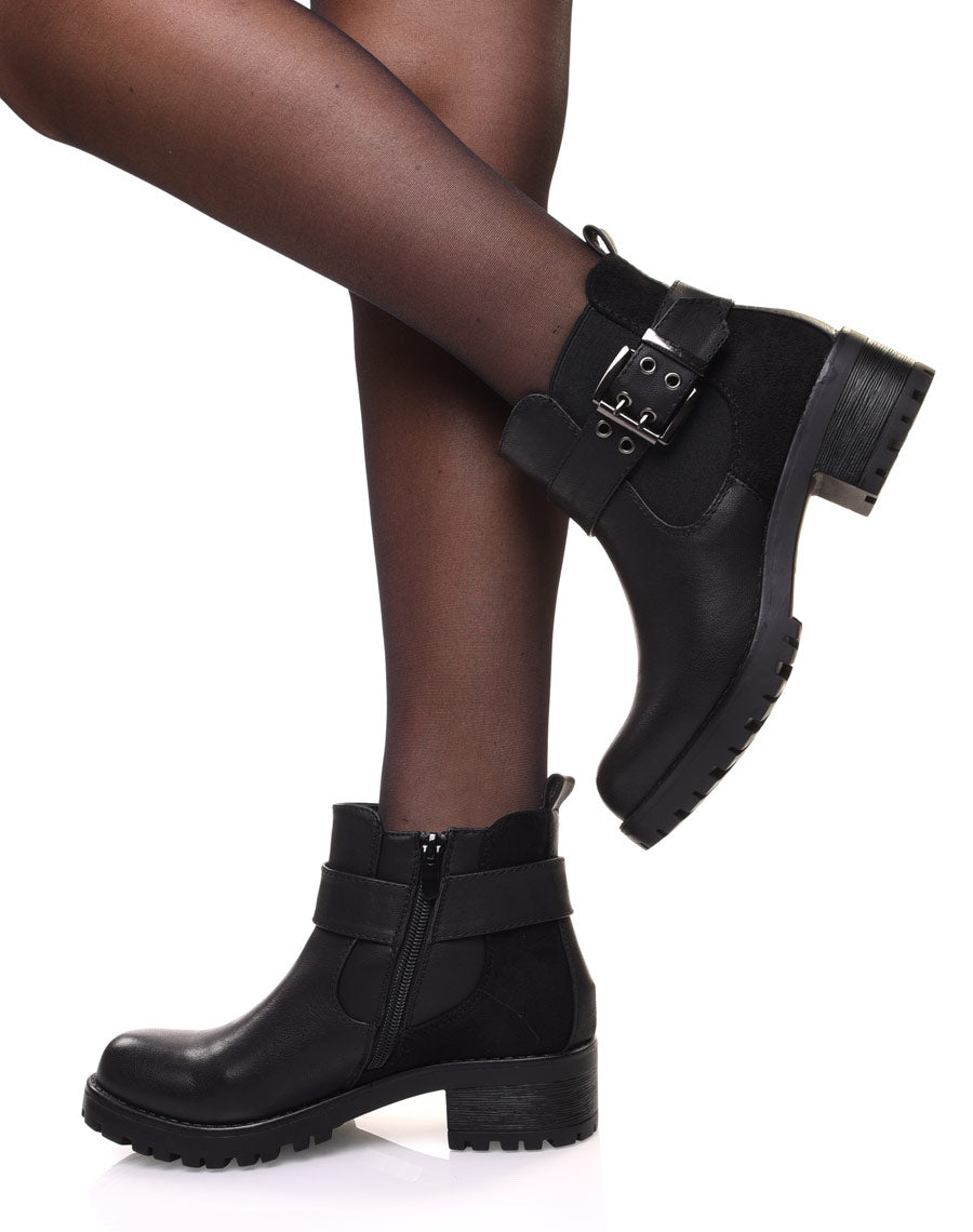 Bottines bi-matières noires à semelle crantée
