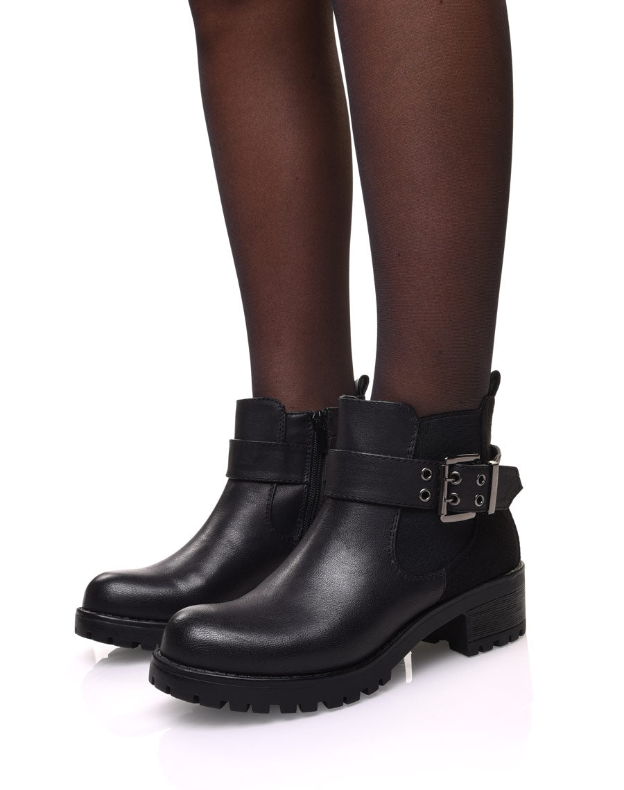 Bottines bi-matières noires à semelle crantée