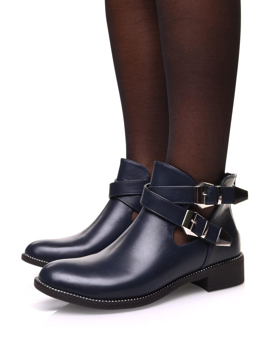 Bottines bleues marine ajourées à sangles entrelacées
