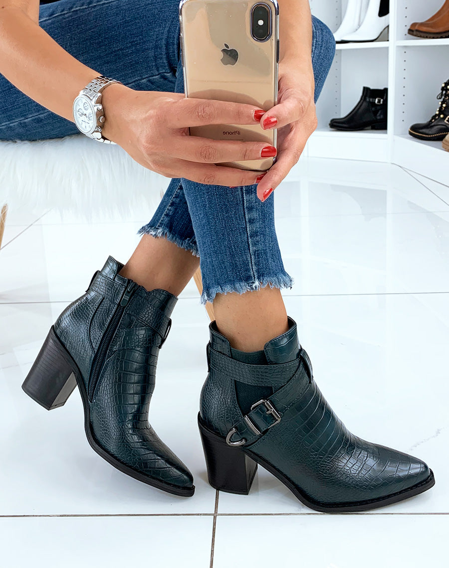 Bottines bleues à talons à effet croco et à doubles brides