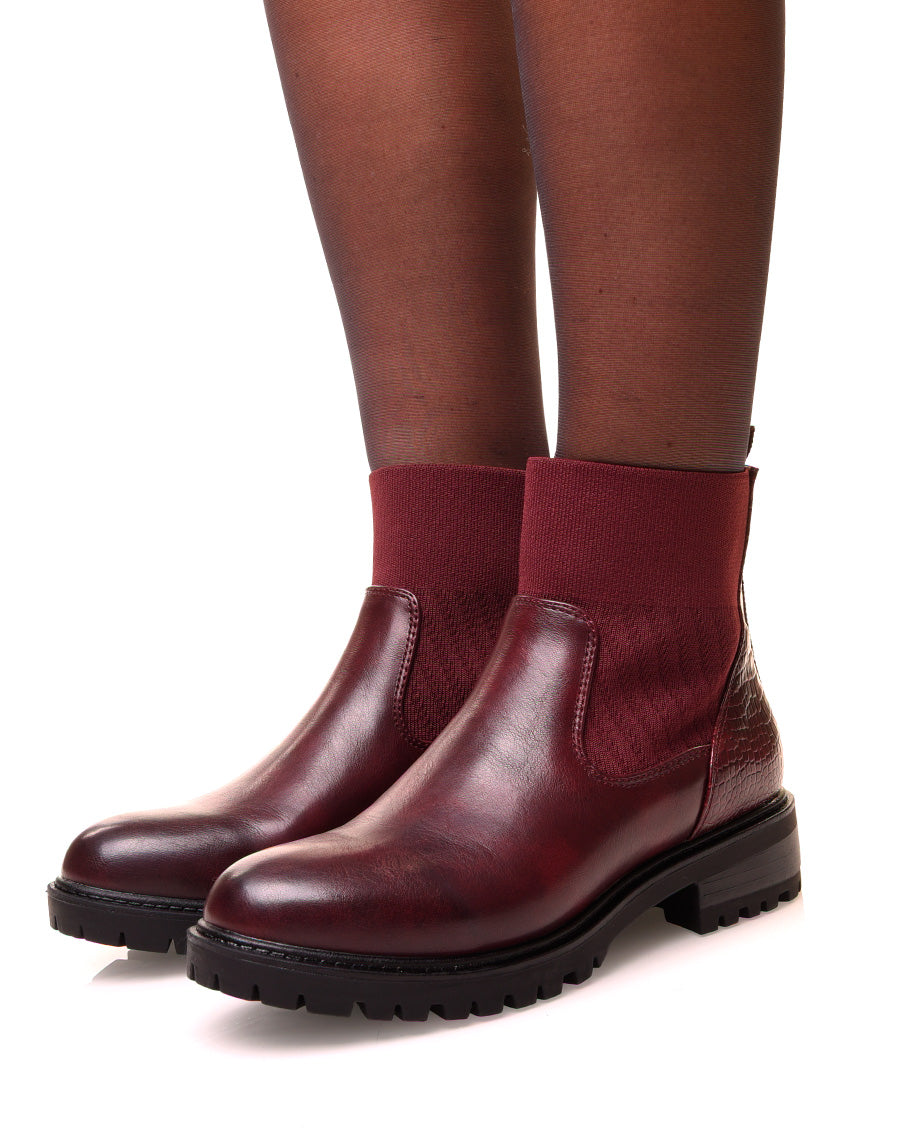 Bottines bordeaux bi-matières à effet chaussette