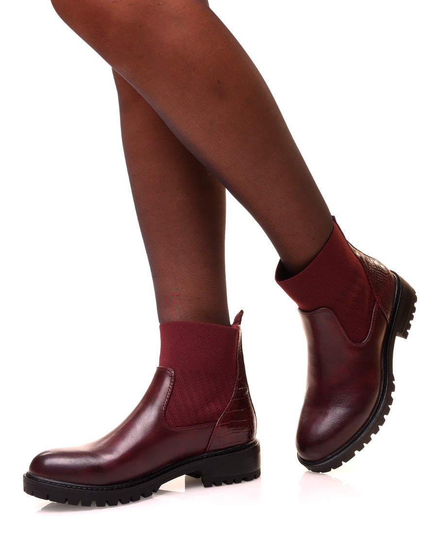 Bottines bordeaux bi-matières à effet chaussette