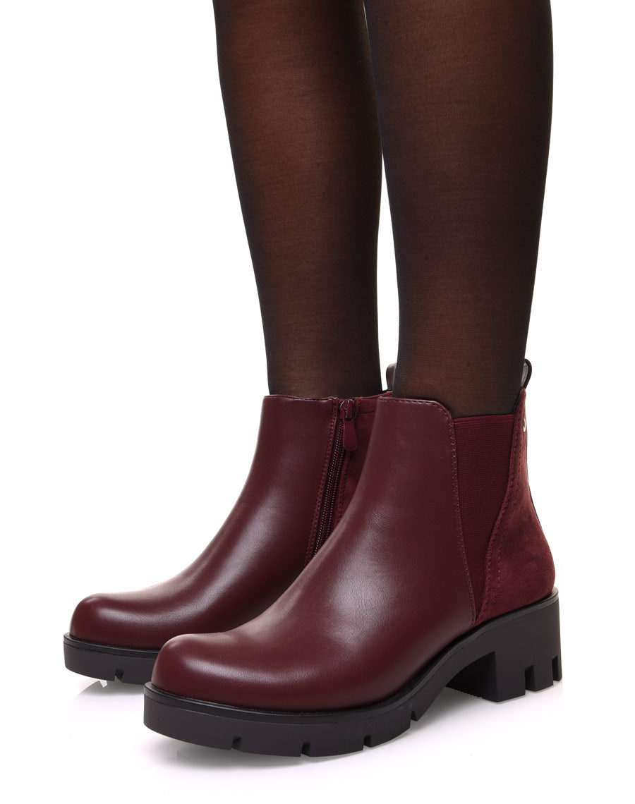 Bottines bordeaux bi matières et élastique échancré