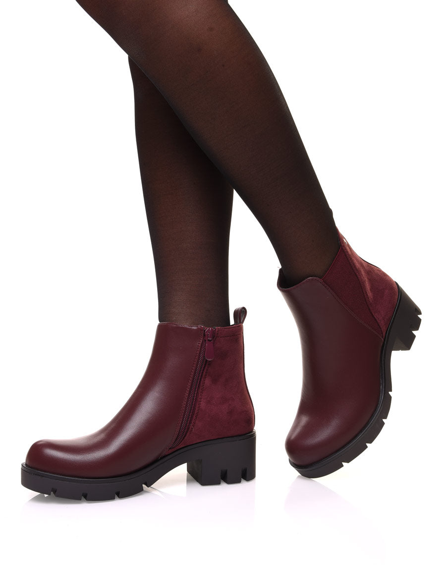 Bottines bordeaux bi matières et élastique échancré