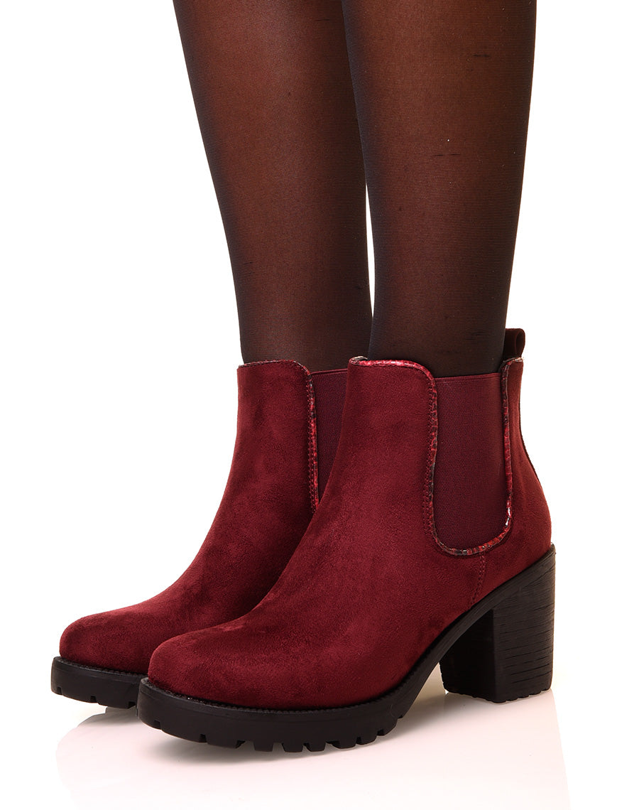 Bottines bordeaux en suédine à petit talon