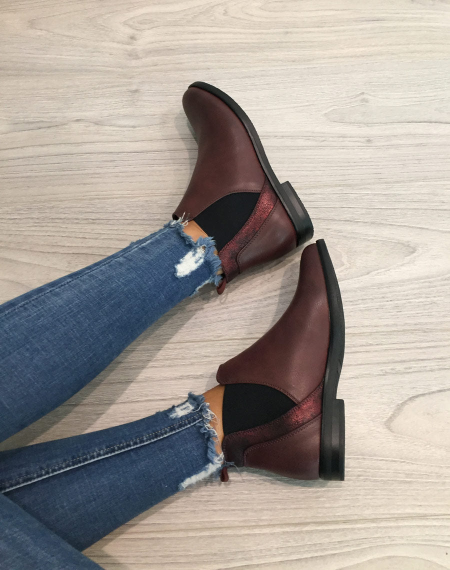 Bottines bordeaux plates métallisées