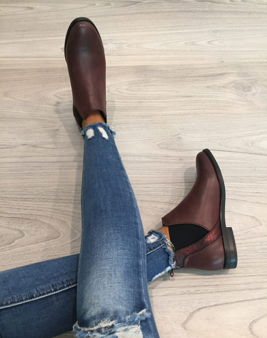Bottines bordeaux plates métallisées