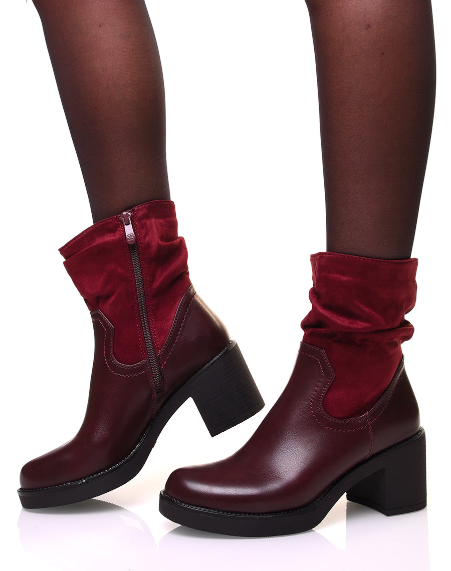 Bottines bordeaux à talon bi-matière