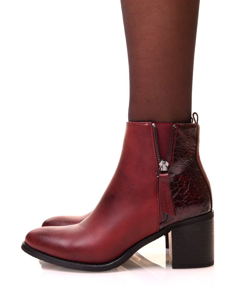 Women's shoes: burgundy boots with bi-material square heels Croco - Main Image