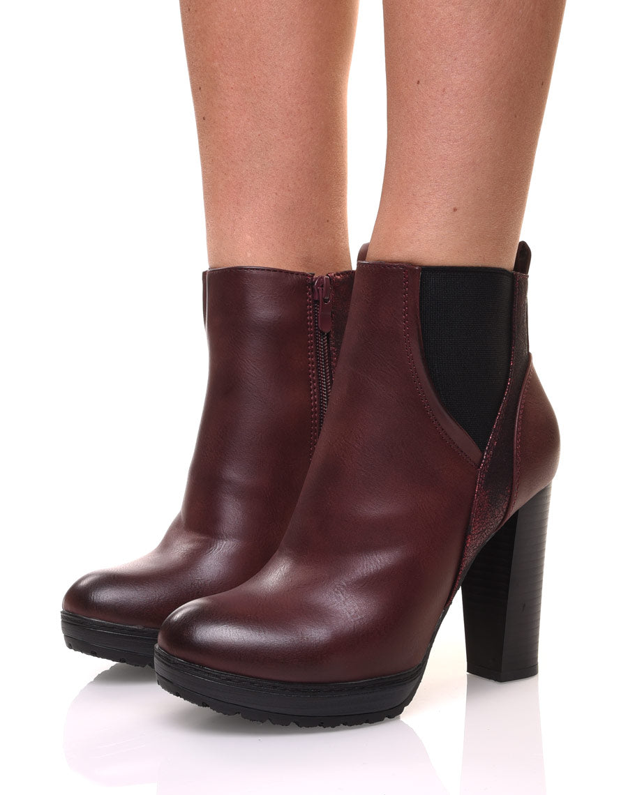 Bottines bordeaux à talons hauts bi matières 