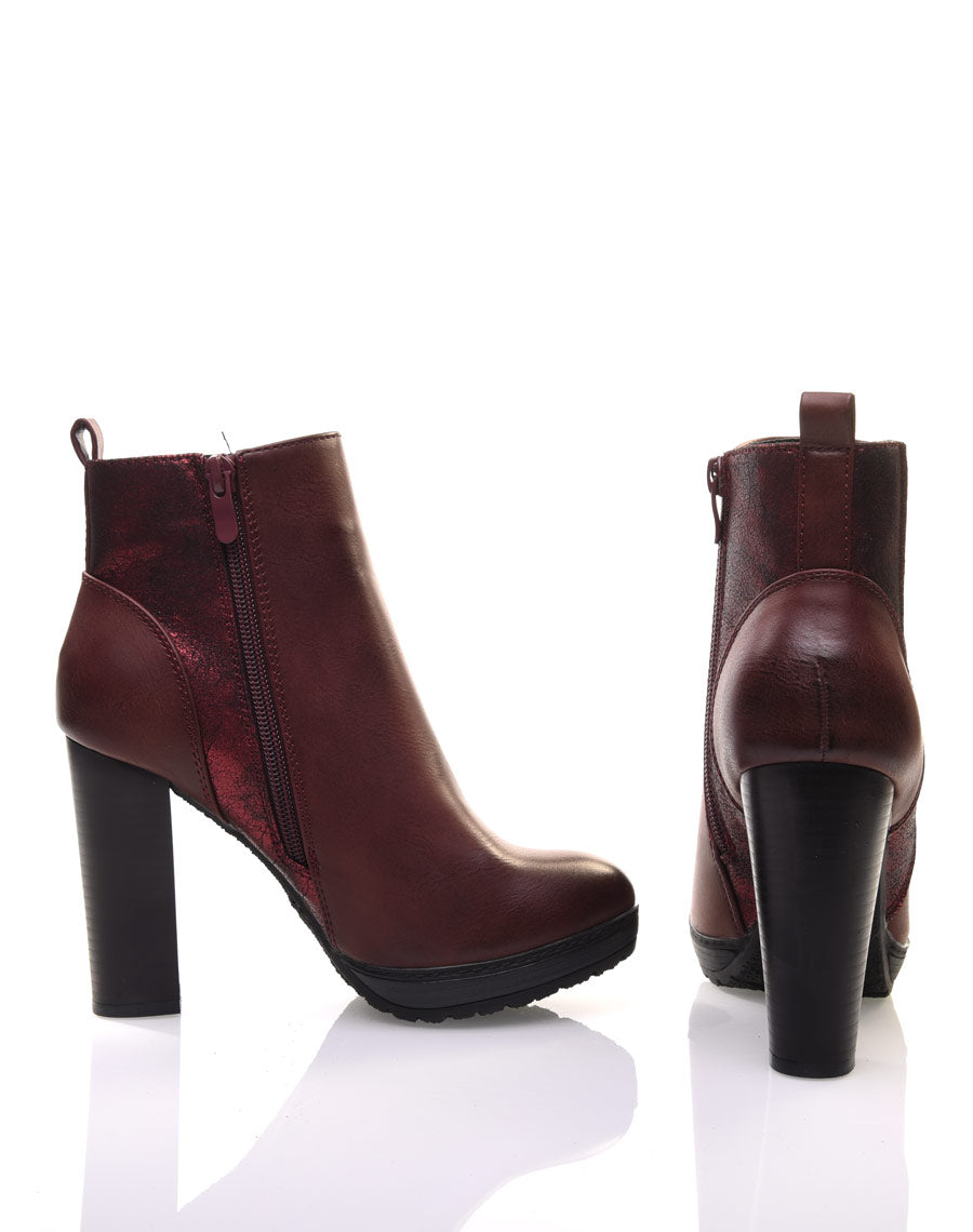 Bottines bordeaux à talons hauts bi matières 