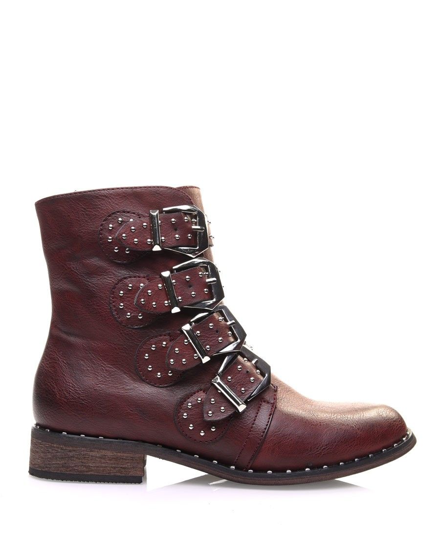 Bottines à brides bordeaux ornées de clous