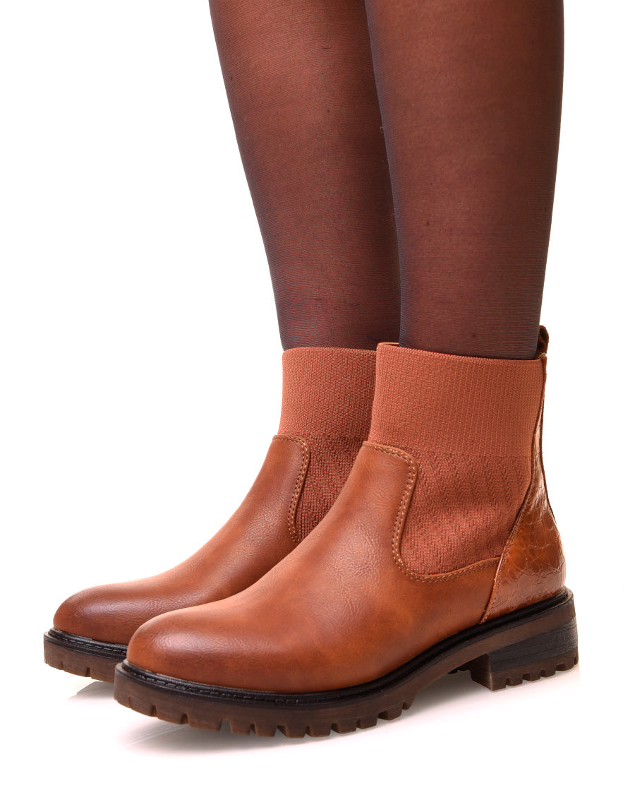 Bottines camel bi-matières à effet chaussette