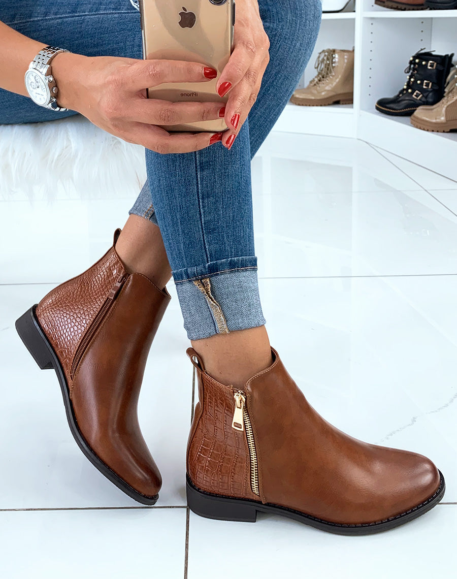 Bottines camel effet croco