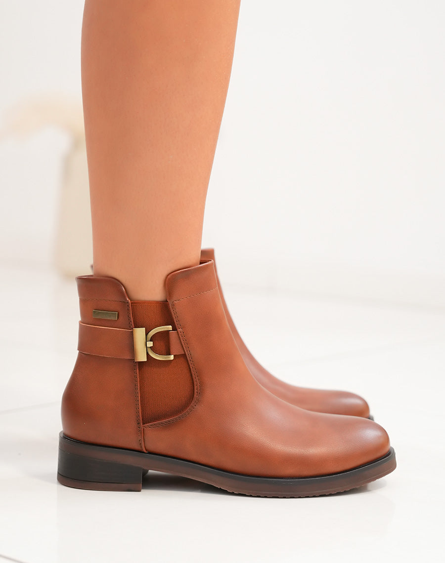 Bottines Camel Femme avec Sangle Dorée - Élégance Quotidienne à Petit Prix