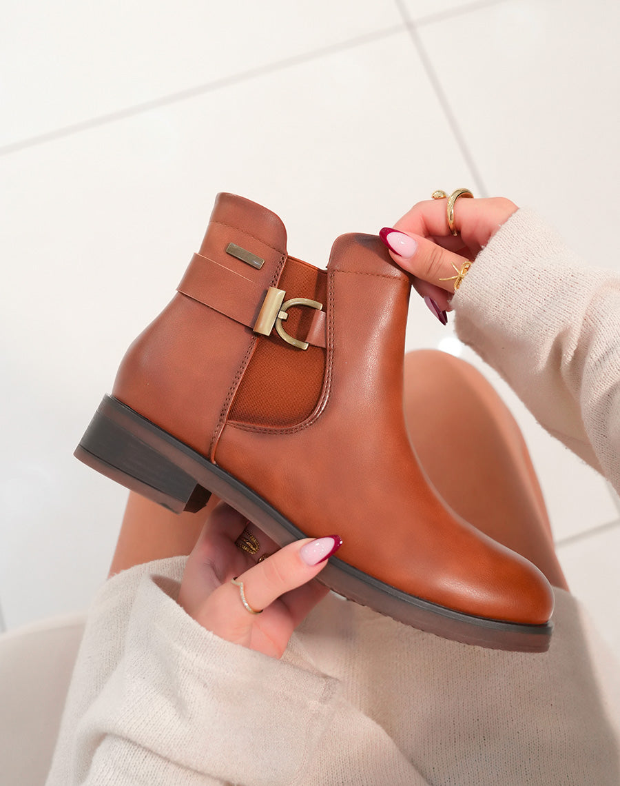 Bottines Camel Femme avec Sangle Dorée - Élégance Quotidienne à Petit Prix