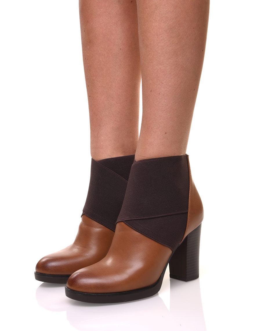 Bottines camel à talons bi matières 