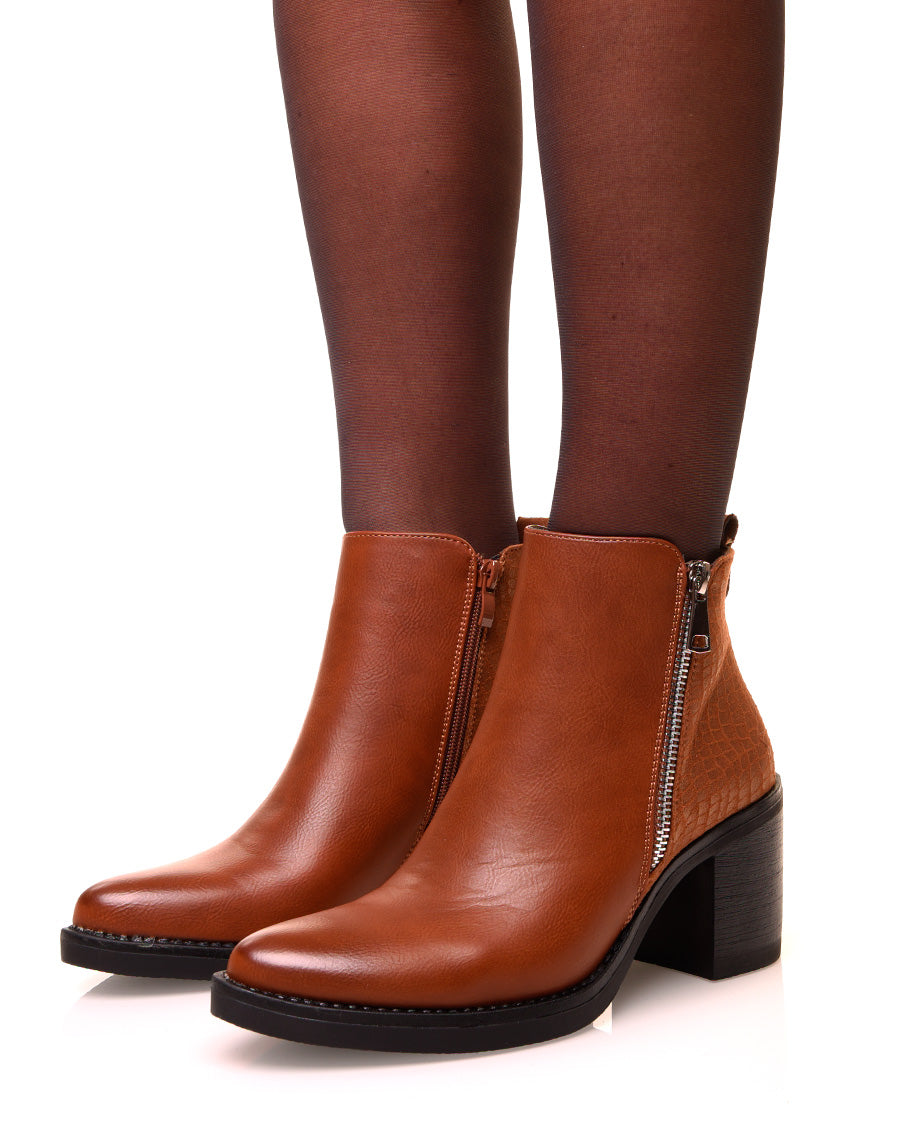 Bottines camel à talons bi-matières suédine