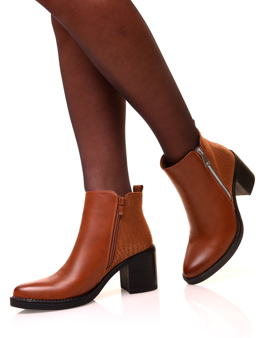 Bottines camel à talons bi-matières suédine