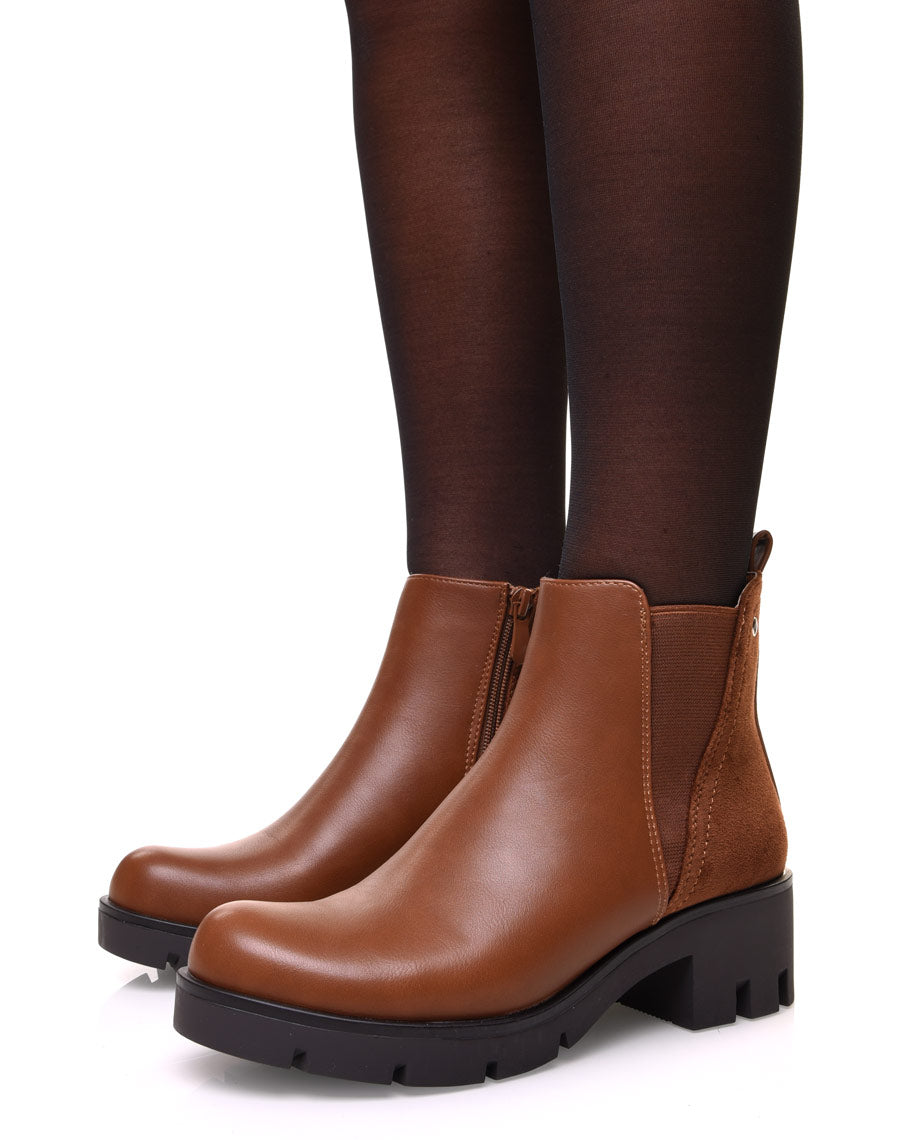 Bottines camelles bi matières et élastique échancré