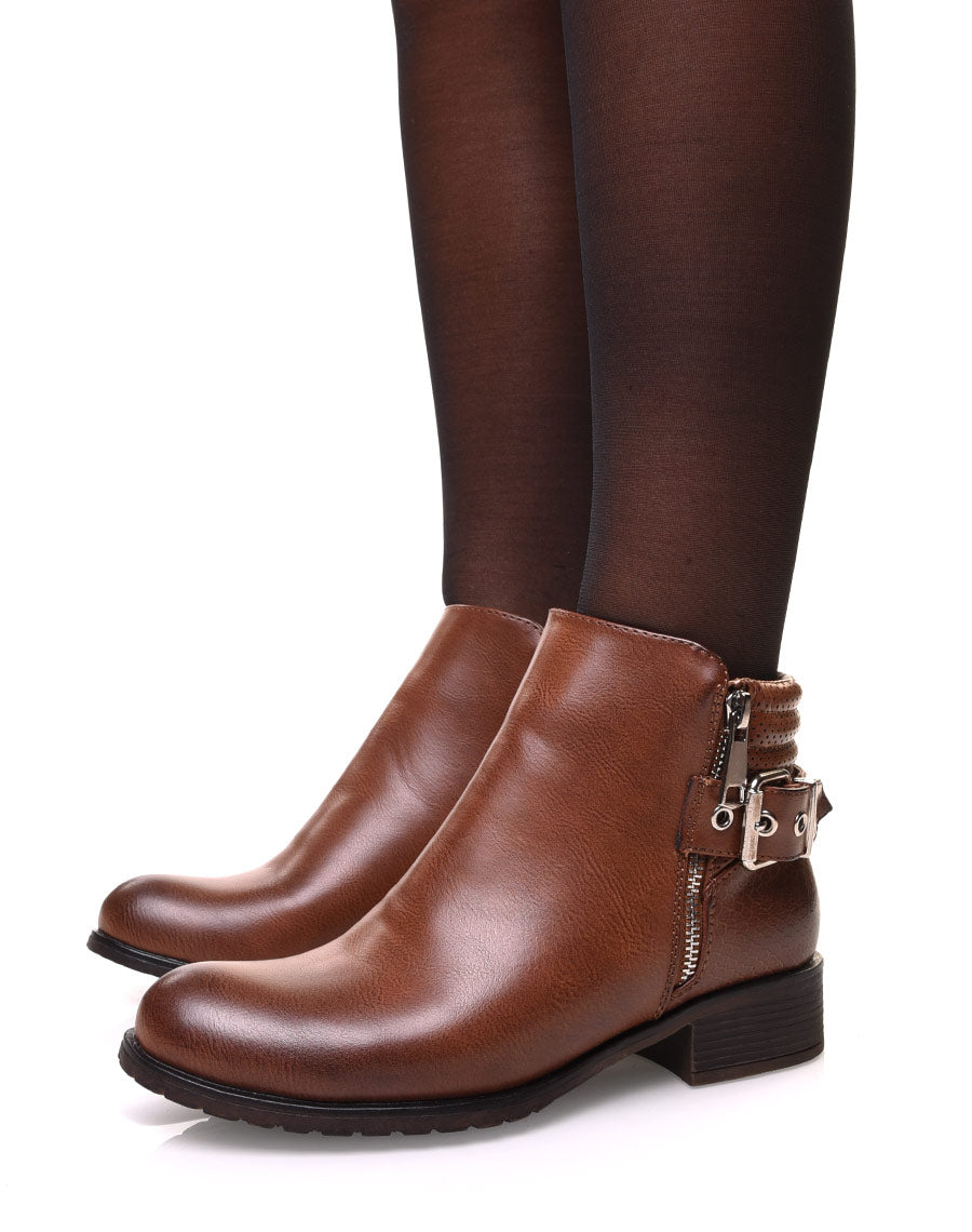 Bottines camelles bi matières à motifs python 