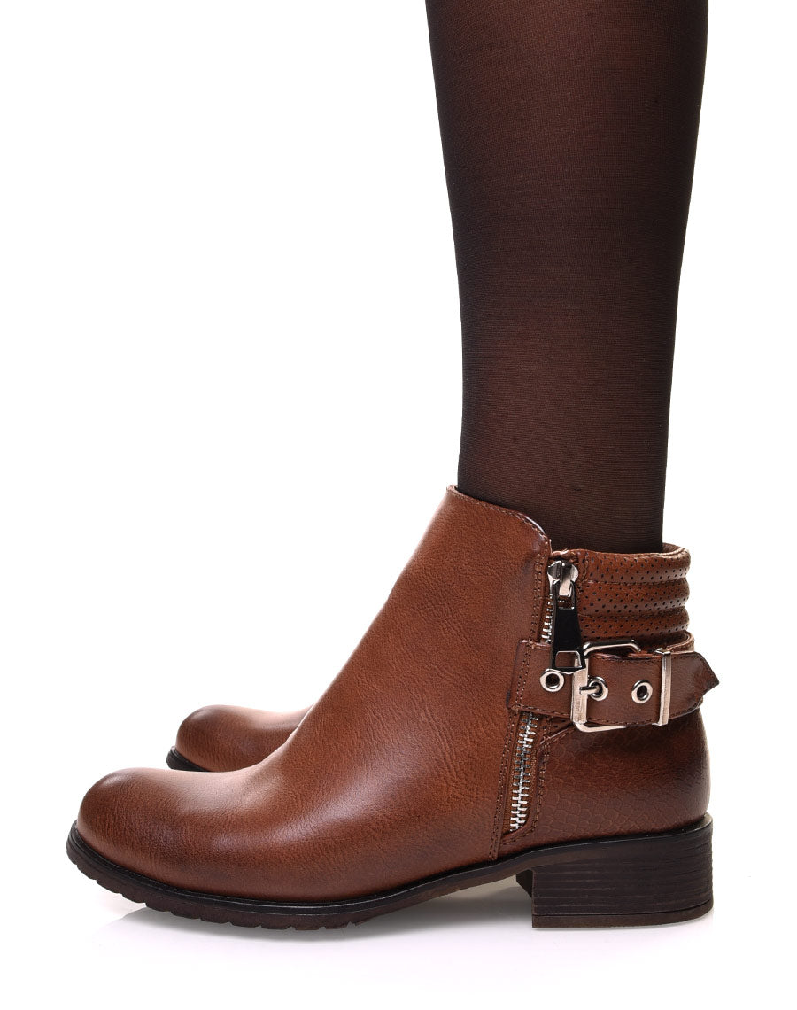 Bottines camelles bi matières à motifs python 