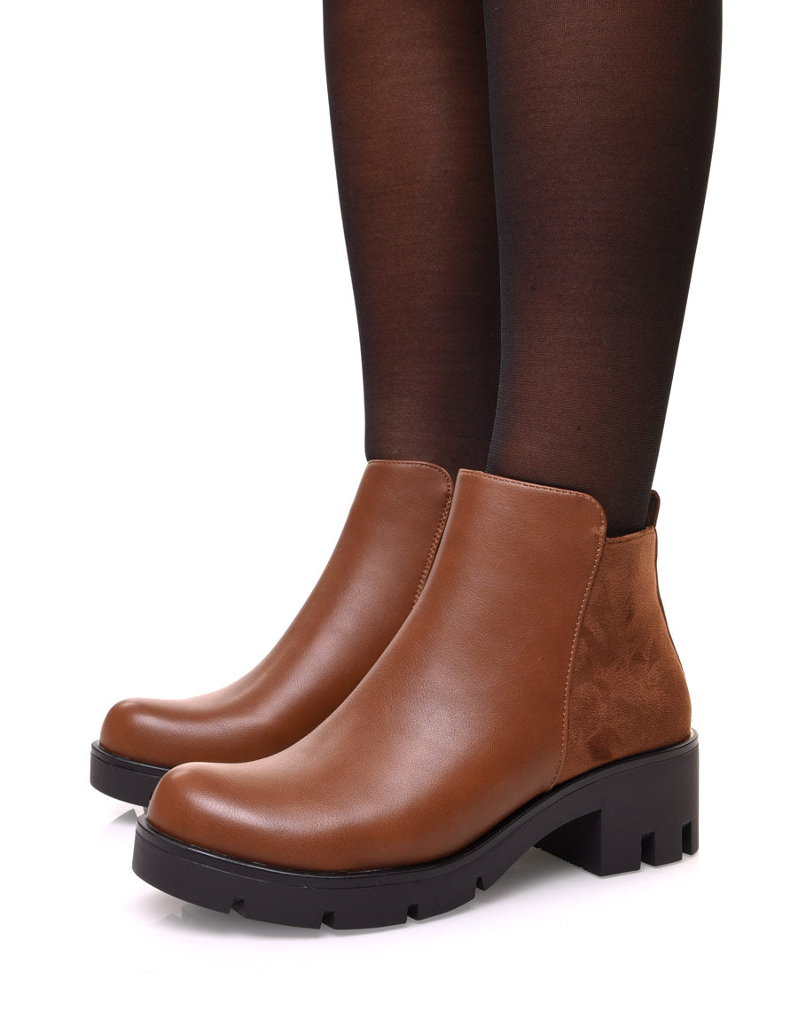 Bottines camelles bi matières à petit talon
