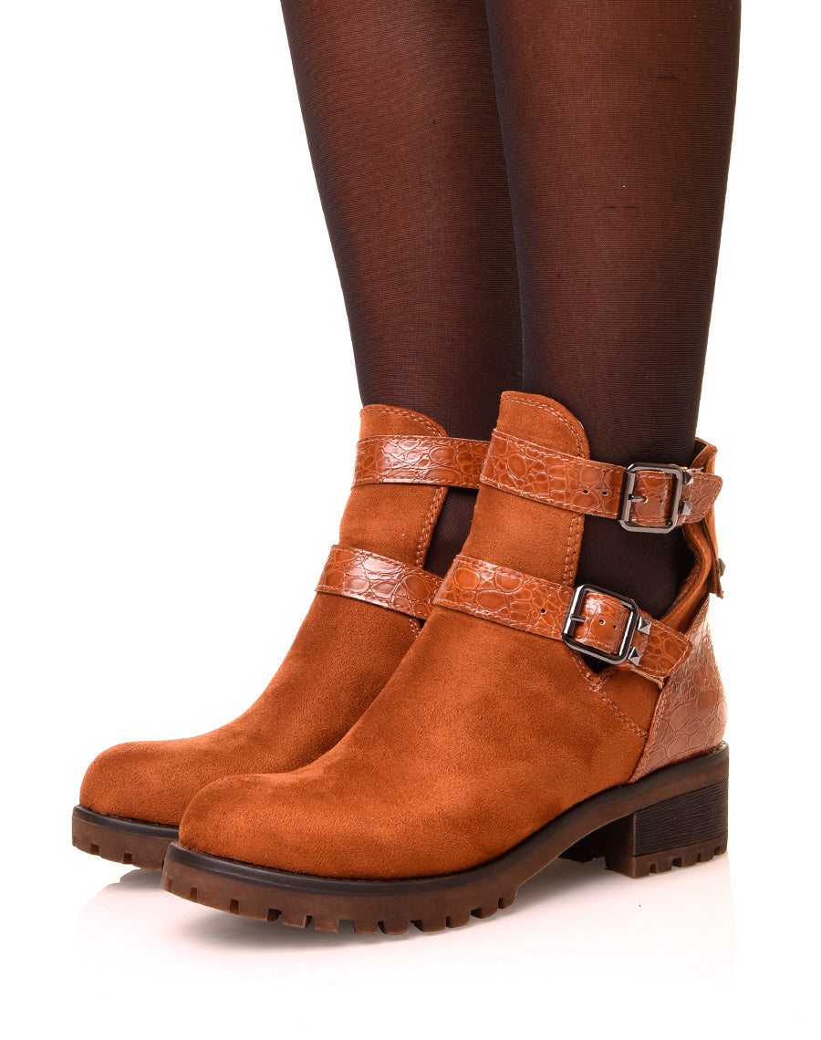 Bottines camelles en suédine crantées à boucles