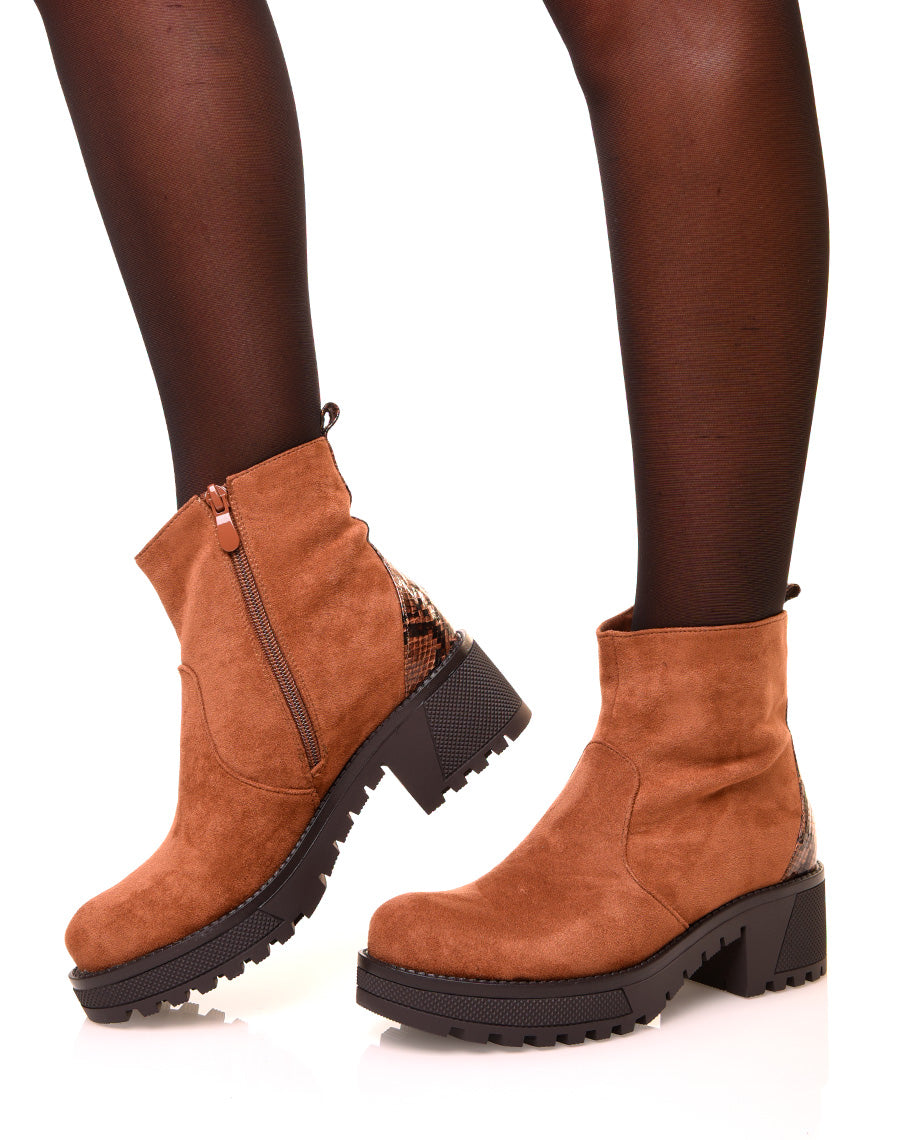 Bottines camelles en suédine à talon épais