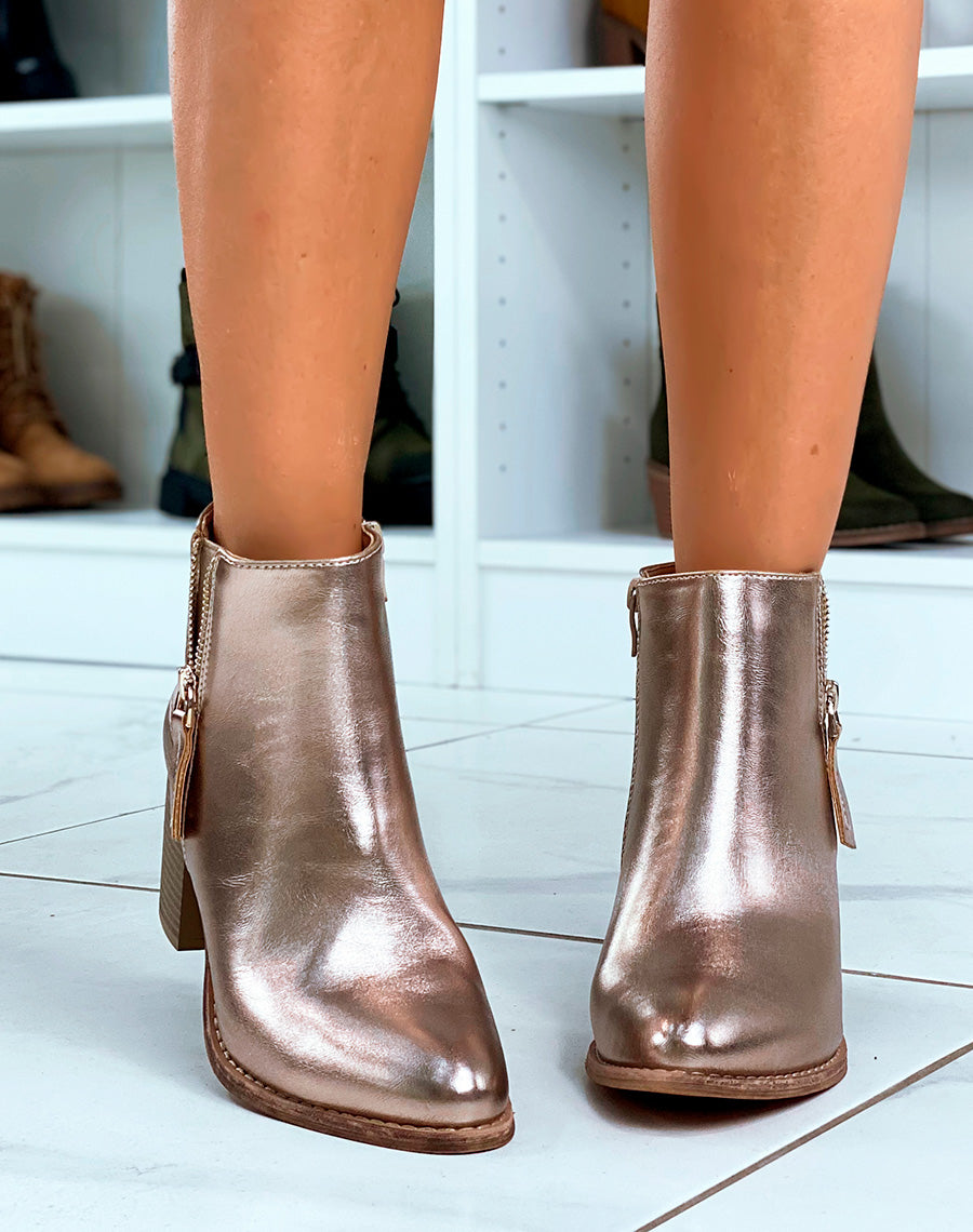 BOTTINES CHAMPAGNE ? TALON CARR? BI-MATI?RE EFFET CROCO