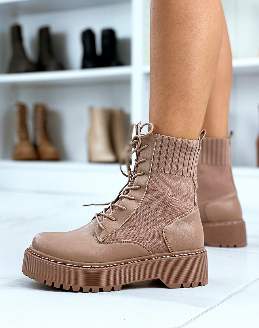 Bottines chaussettes marron clair à semelle épaisse